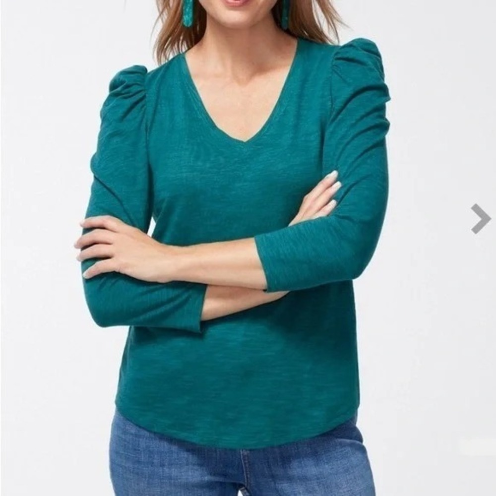 Chico's Puff Long Sleeves Top Sz Med‎ Teal Pullover Statement Feminine Casual